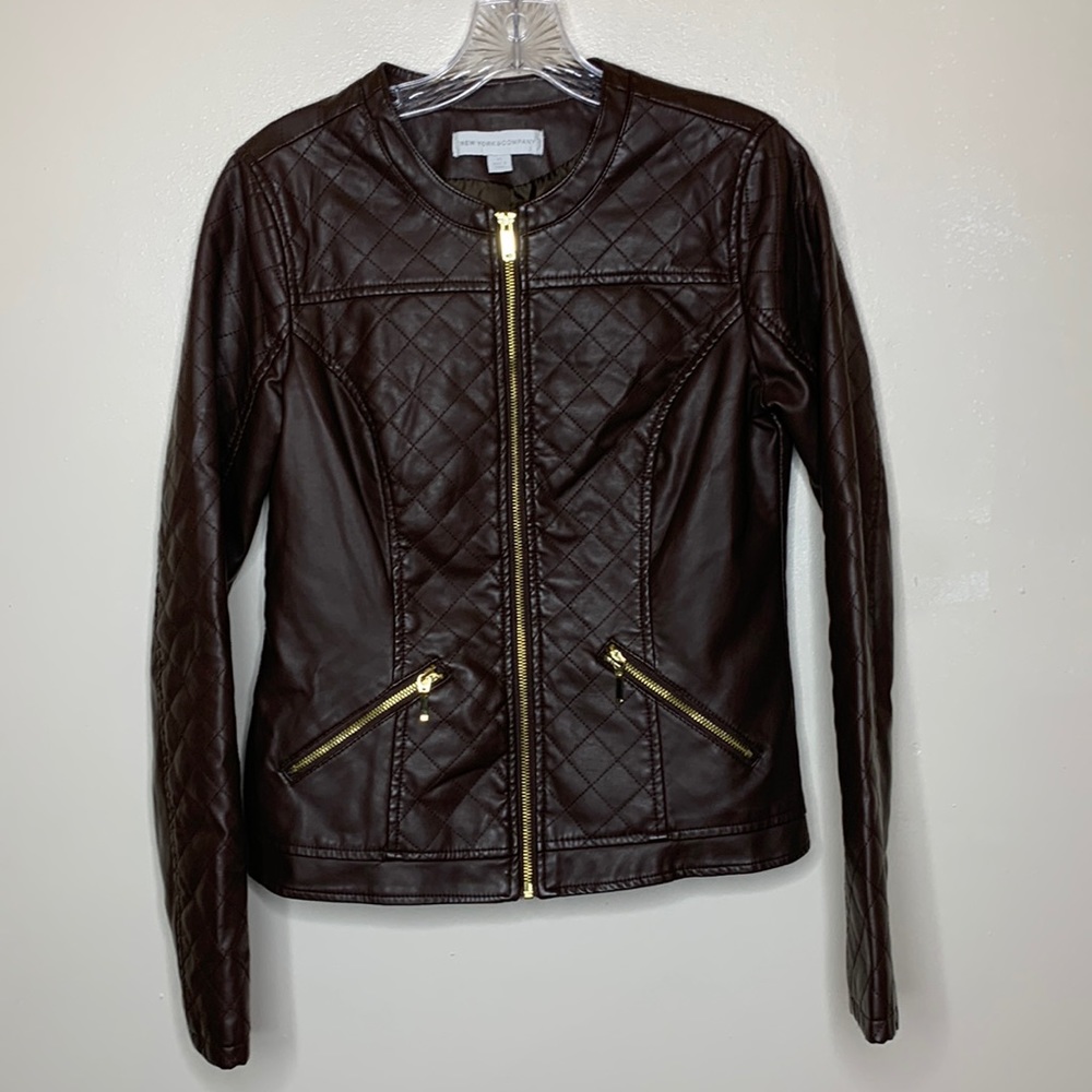 NEW YORK & COMPANY Vegan Leather Jacket Brown Quilted Panels Exposed Zipper XS